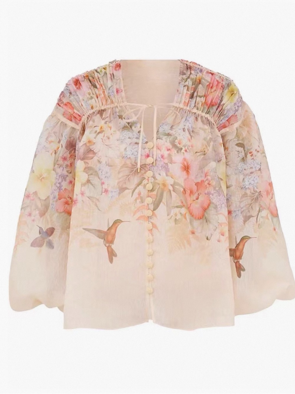 Zimmermann Cream Floral & Hummingbird Peasant Blouse